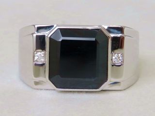14k White Gold 7.7ct Dark Blue Sapphire & Diamond Men's Ring with Valuation