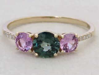 14k Yellow Gold 1.22ct Teal Sapphire, Pink Sapphire & Diamond Ring