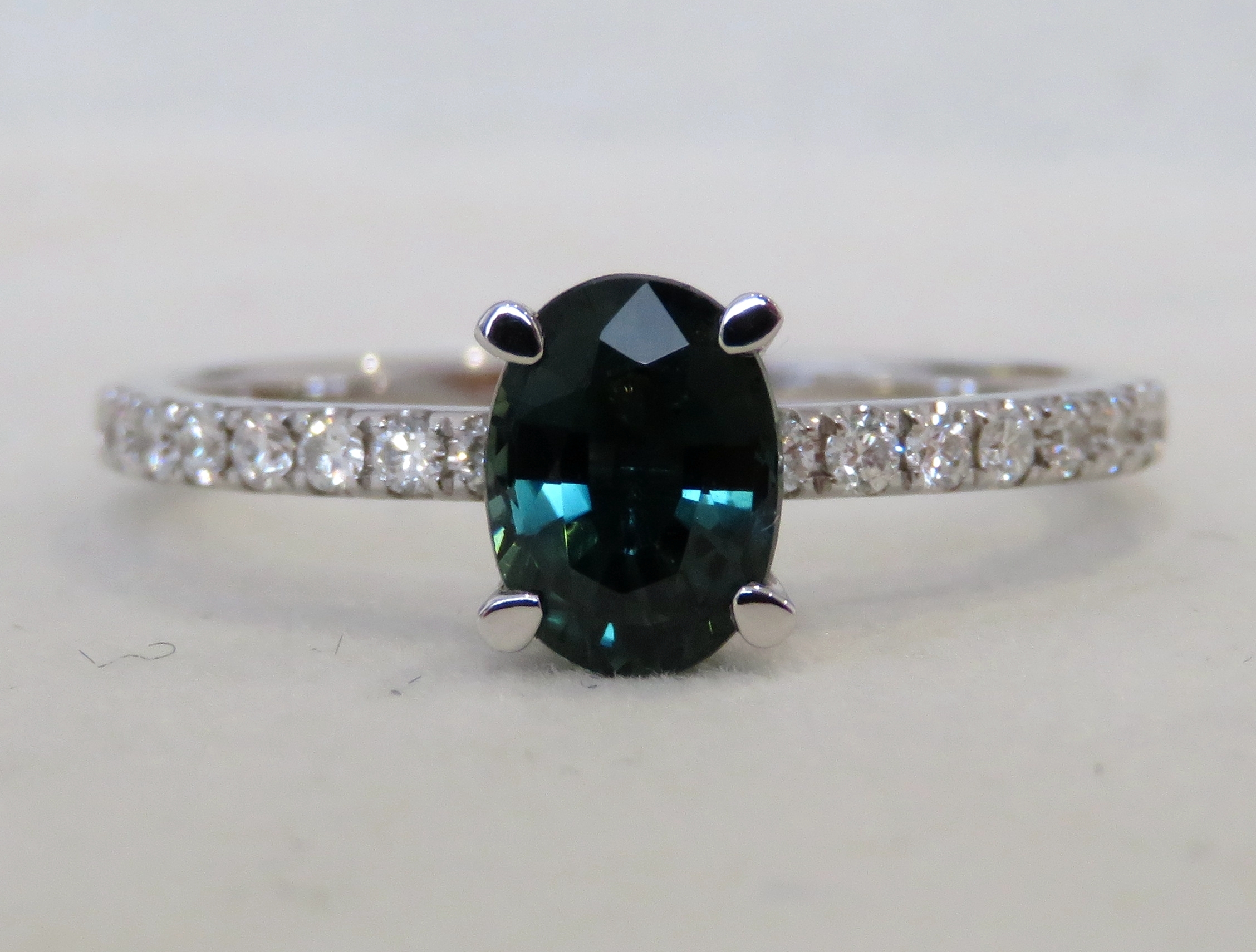 14k White Gold 1.36ct Teal Sapphire & 0.27ct Diamond Engagement Ring with Valuation