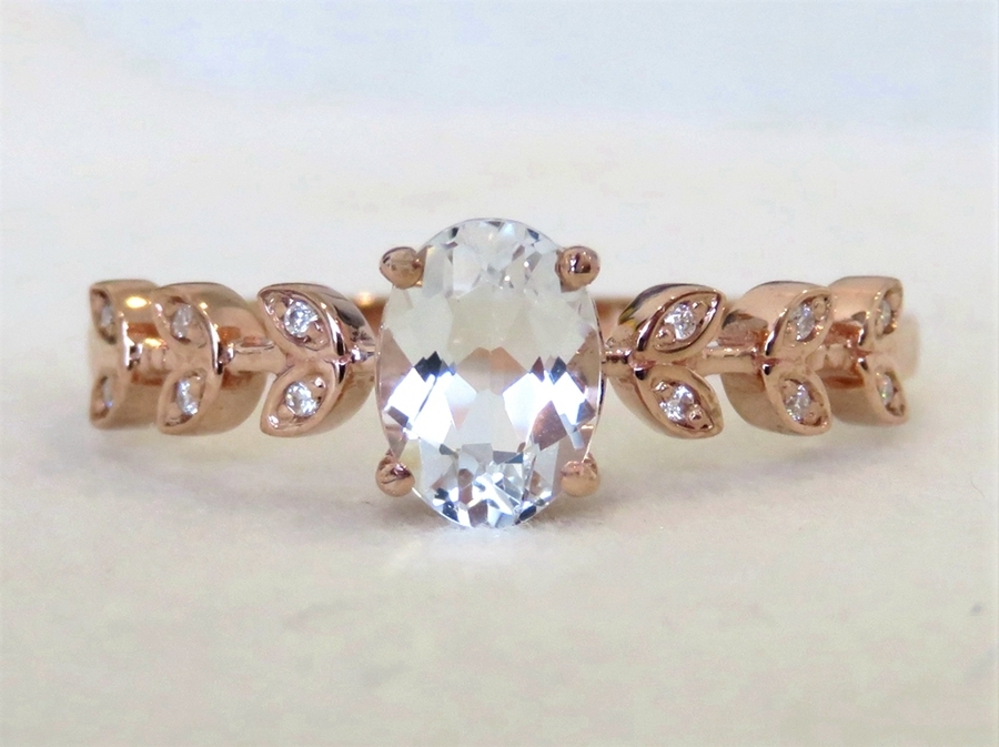 9k Rose Gold Oval Aquamarine & Moissanite Ring