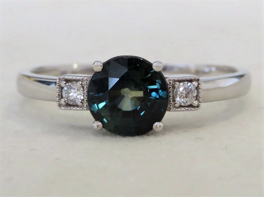 14k White Gold 1.29ct Teal Sapphire & 0.07ct Diamond Engagement Ring with Valuation