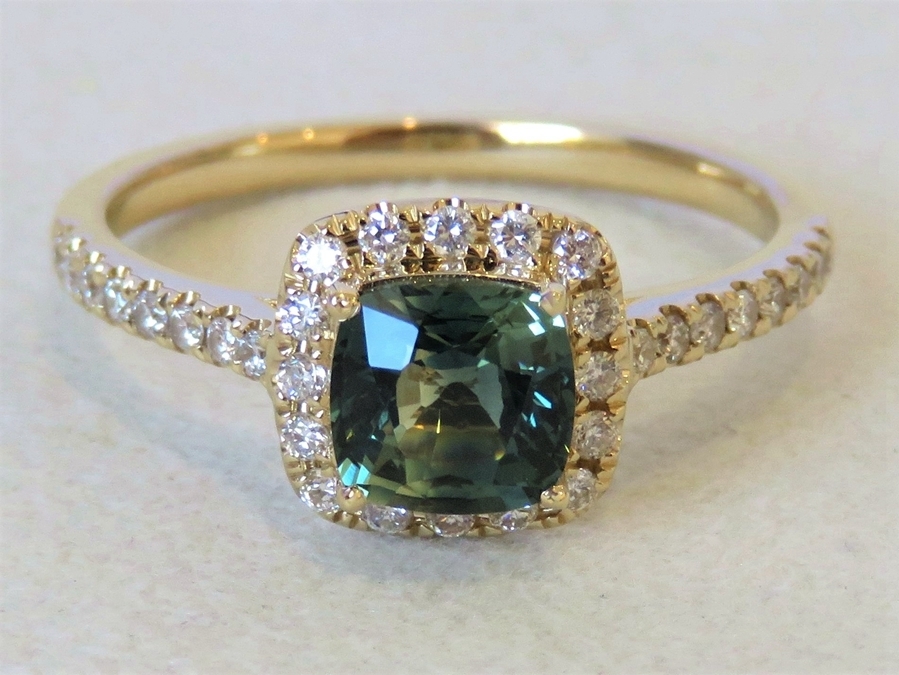 14k Yellow Gold 1.29ct Teal Sapphire & 0.32ct Diamond Ring