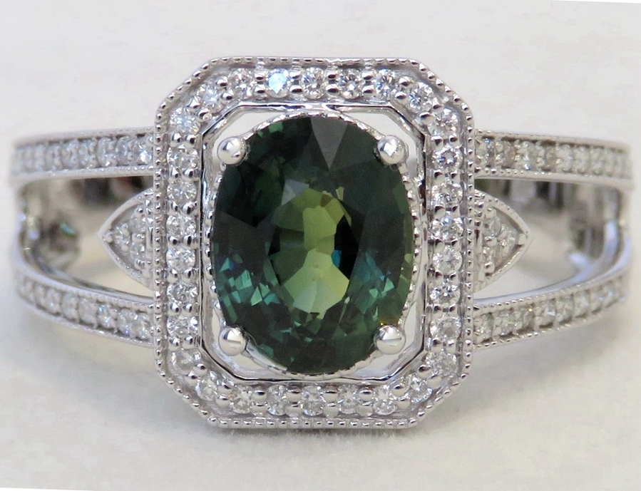 14k White Gold 1.76ct Teal Sapphire & 0.34ct Diamond Ring