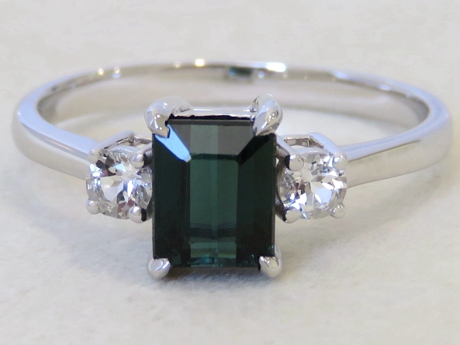 9k White Gold 1.2ct Blue Green Tourmaline & White Sapphire Ring