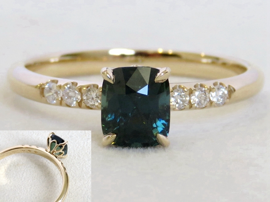 14k Yellow Gold 1.2ct Teal Sapphire & 0.12ct Diamond Ring