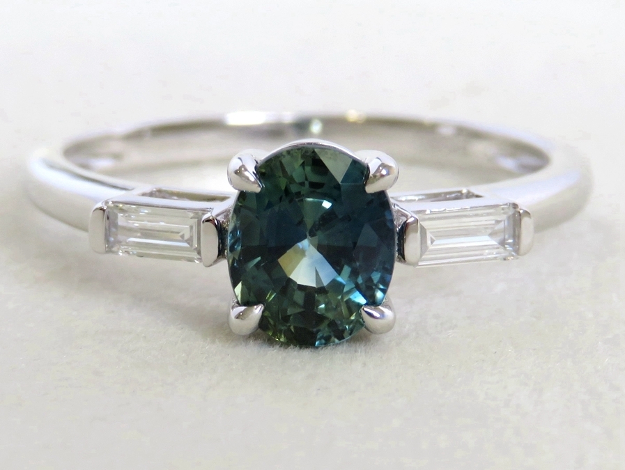 Platinum 1.41ct Teal Sapphire & 0.16ct Diamond Ring