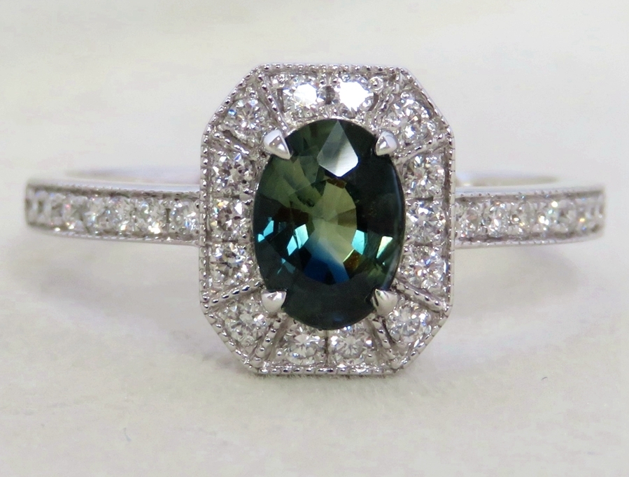 1ct Teal Sapphire & 0.35ct Diamond Engagement Ring in Platinum