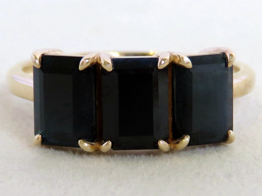 3.7ct Black Sapphire 3-Stone Ring in 9k Yellow Gold
