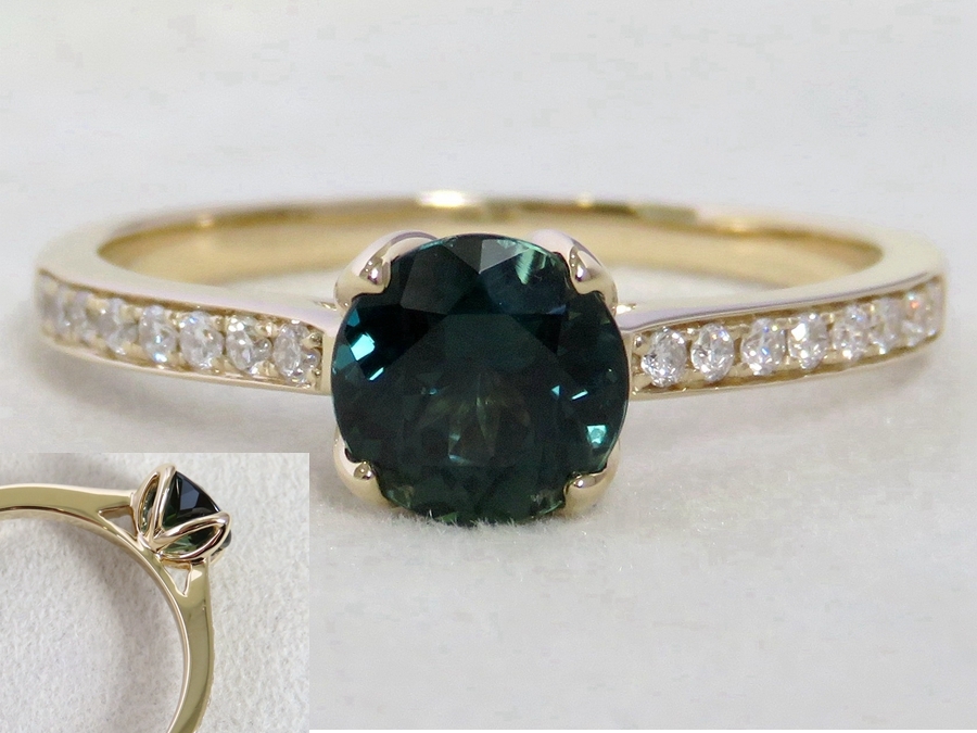 1.12ct Teal Sapphire & 0.16ct Diamond Ring in 14k Yellow Gold