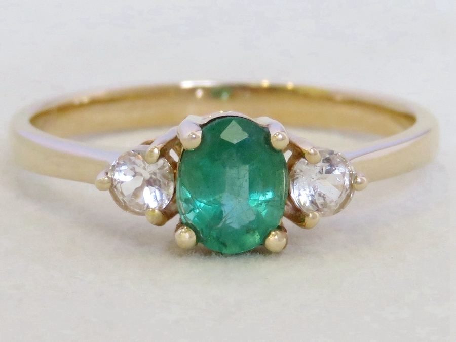 Emerald Ring with White Sapphire Accents in 9k Yellow Gold