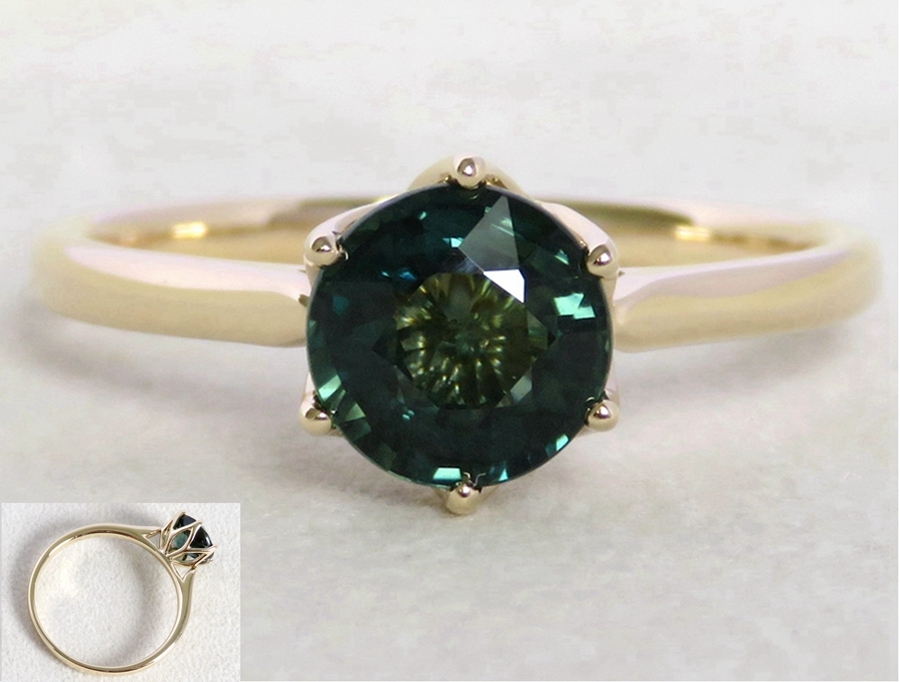 1.72ct Teal Sapphire Ring Cathedral Solitaire in 14k Yellow Gold