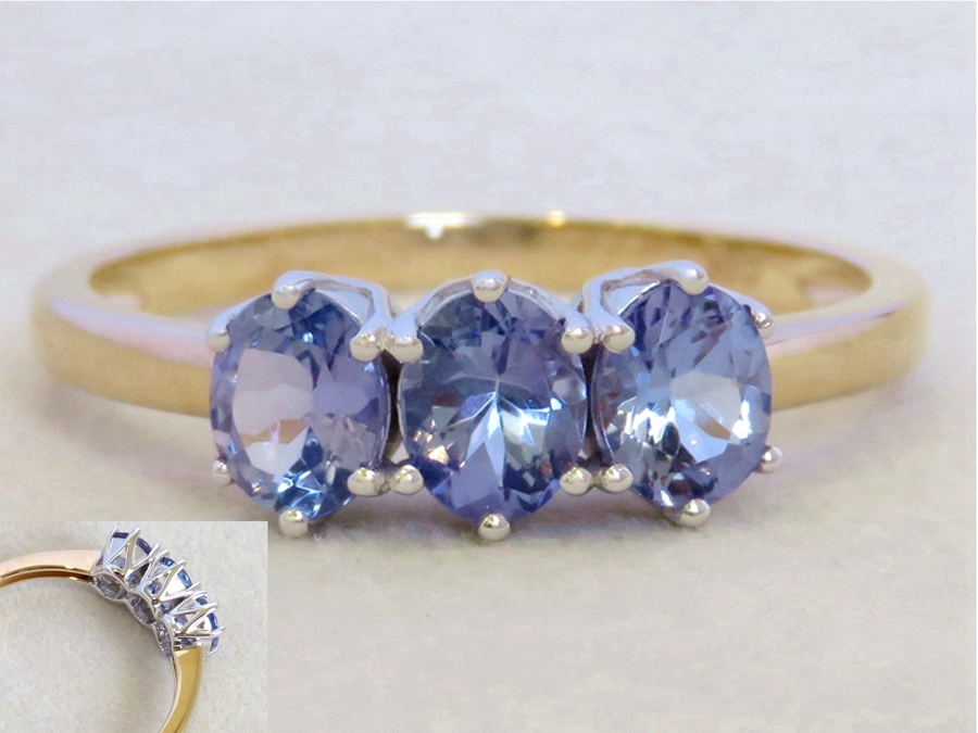 1.1ct Tanzanite 3-Stone Ring in 9k Yellow & White Gold
