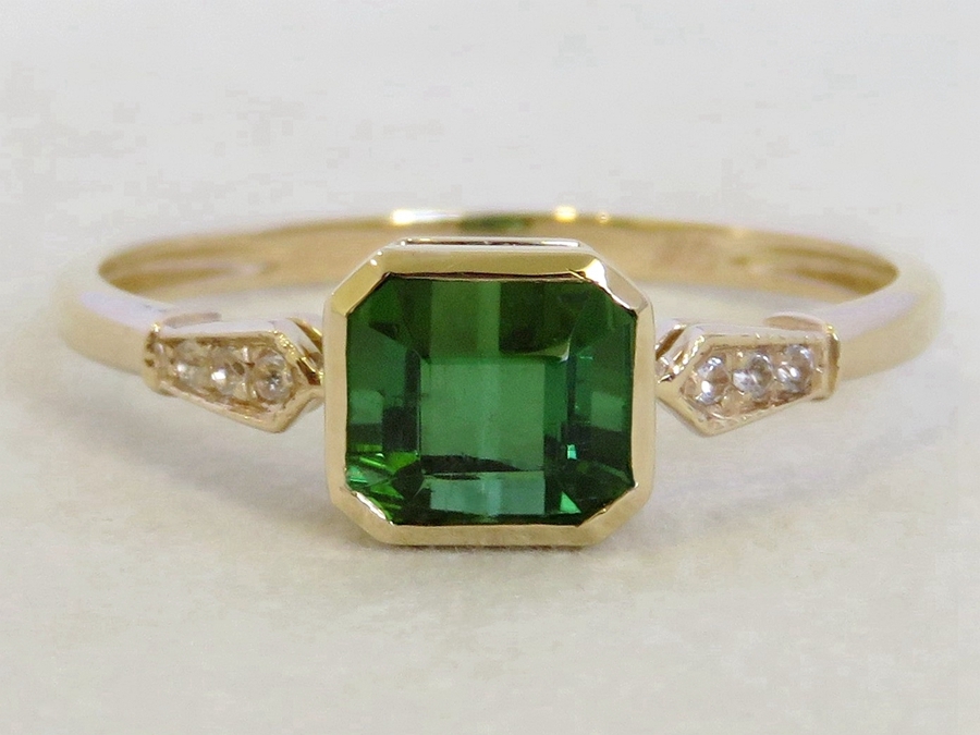 1.5ct Green Tourmaline Ring with White Sapphire in 9k Yellow Gold