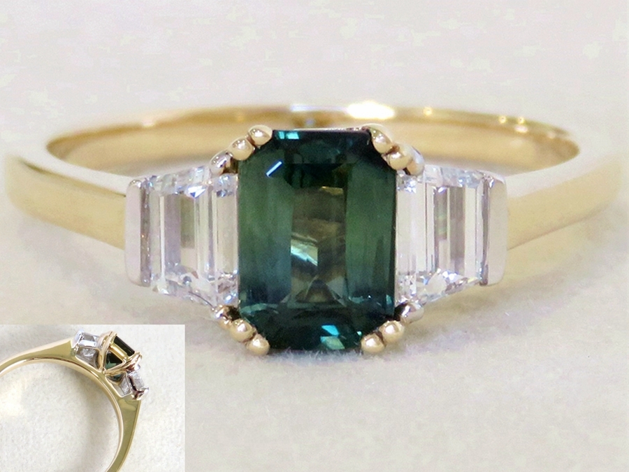 1.27ct Teal Sapphire Engagement Ring with 0.56ct Lab Diamonds in 14k Yellow & White Gold 3-Stone Setting