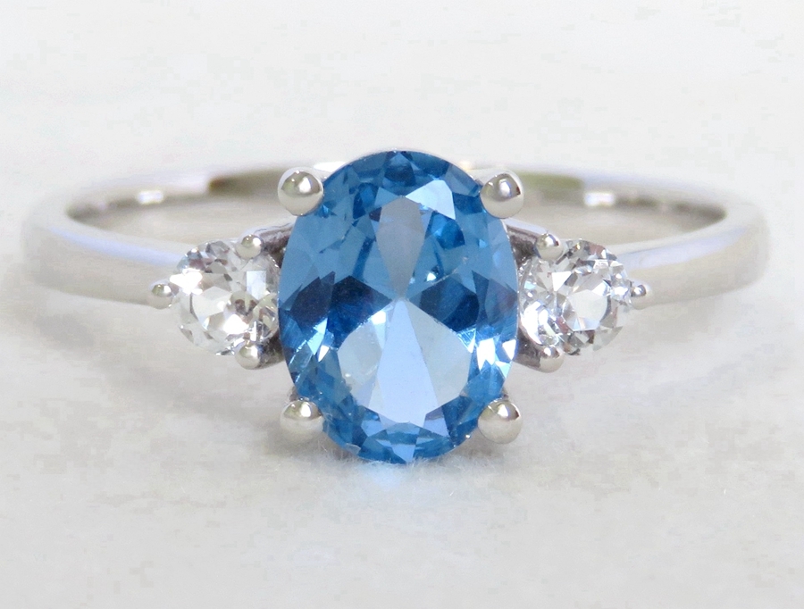 1.3ct Blue Topaz & White Sapphire 3-Stone Ring in 9k White Gold