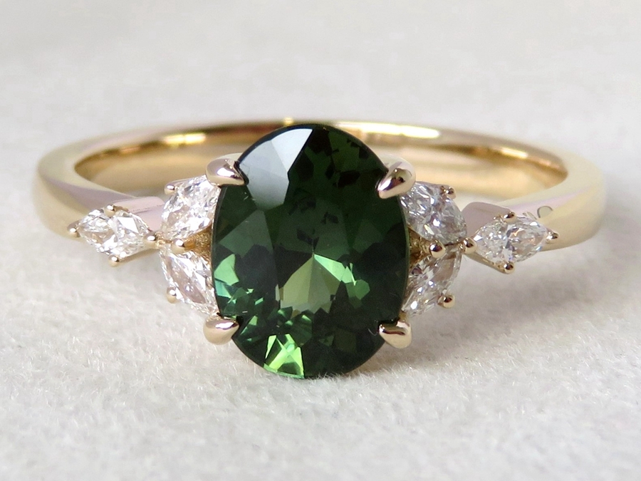 Bespoke 1.72ct Green Sapphire & 0.24ct Diamond Engagement Ring in 14k Yellow Gold