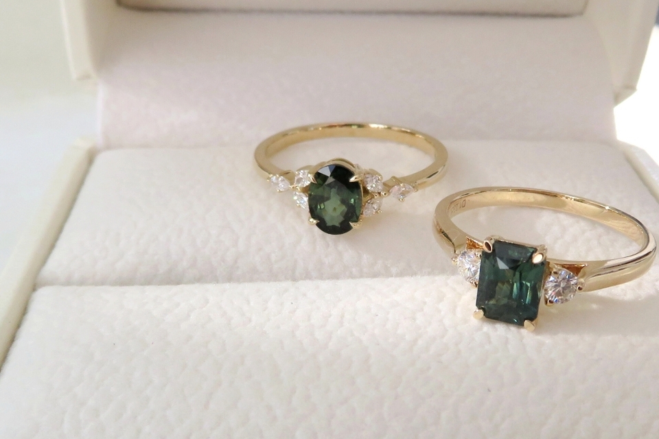 14k Yellow Gold Natural Teal Sapphire and Diamond Engagement Ring NZ