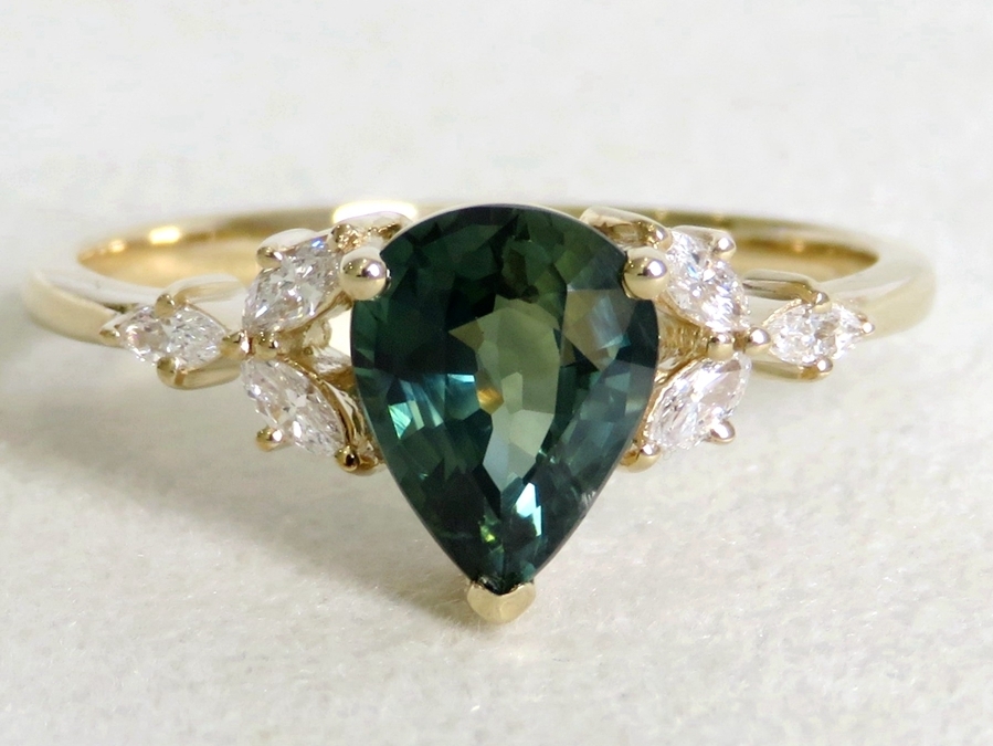 Pear-Cut Teal Sapphire Engagement Ring with Diamond Accents | CL Jewellery NZ