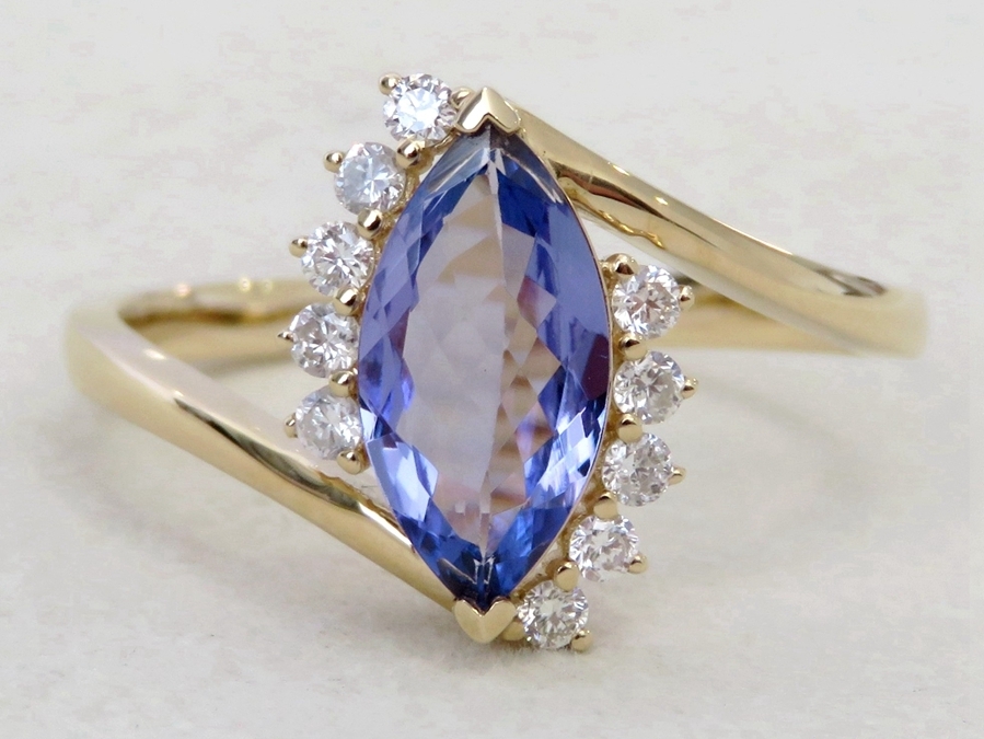 14k Yellow Gold Marquise Tanzanite & Diamond Engagement Ring – Bypass Design | CL Jewellery NZ