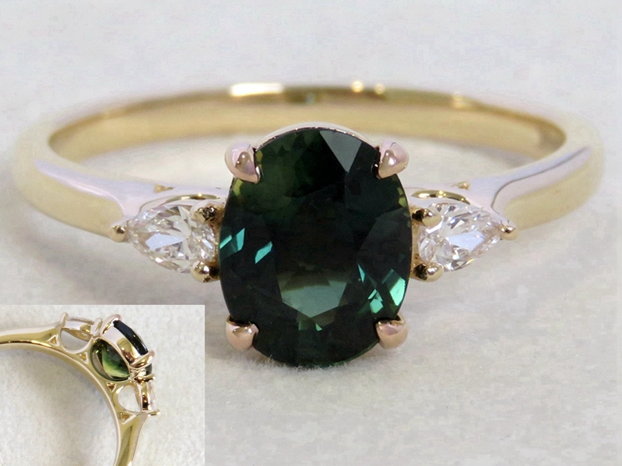 Teal Sapphire Engagement Ring NZ – 1.6ct Teal Sapphire & Diamond 3 Stone Ring in 14k Yellow Gold | CL Jewellery NZ