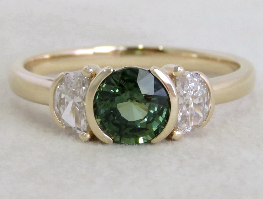 1.26ct Natural Green Sapphire & Half Moon Diamond Engagement Ring in 14k Yellow Gold | CL Jewellery NZ