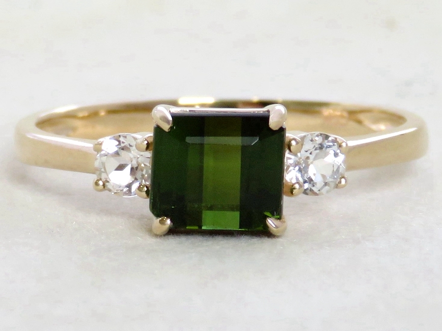 Green Tourmaline Ring NZ – 1.32ct Natural Green Tourmaline & White Sapphire 3-Stone Ring in 9k Yellow Gold | CL Jewellery NZ