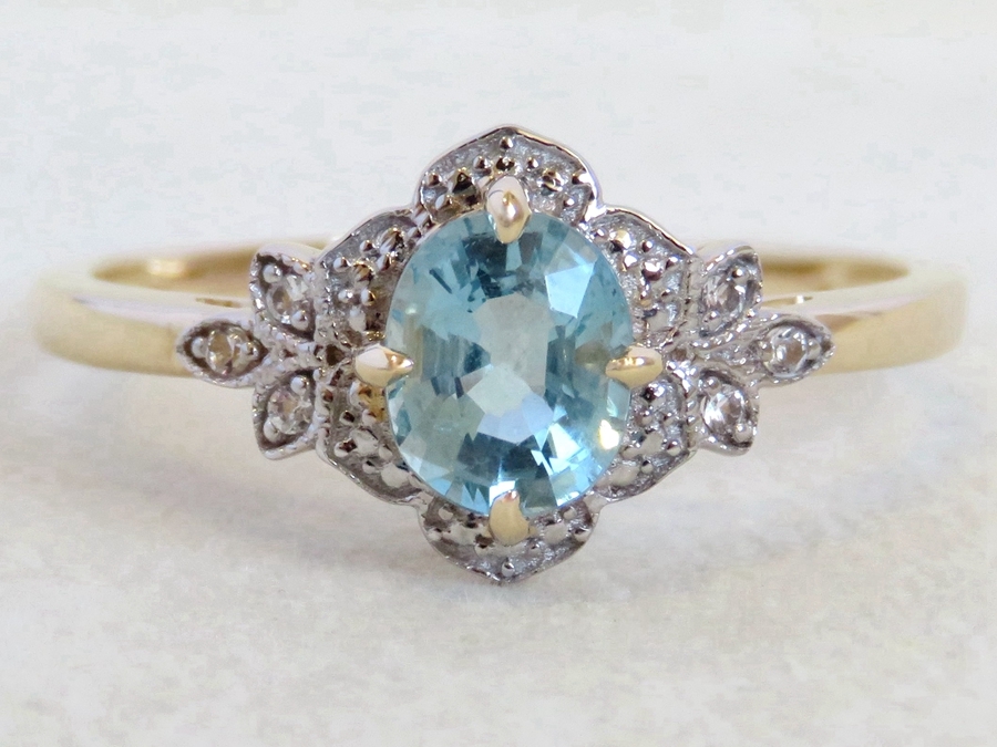 Aquamarine & White Sapphire Ring in 9k Yellow or White Gold Floral Design | CL Jewellery NZ