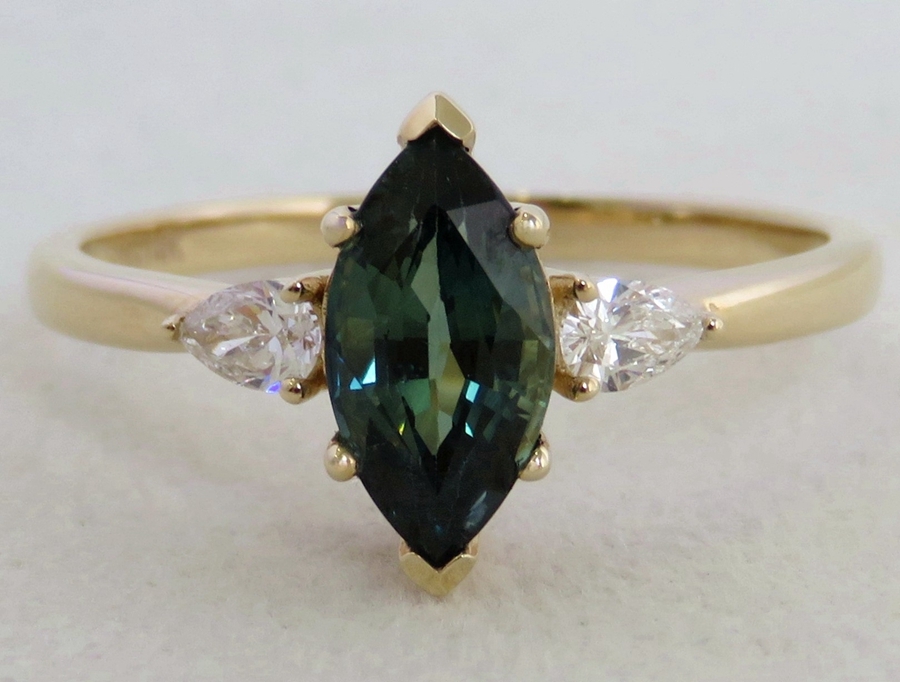 1.57ct Teal Sapphire & Diamond Ring in 14k Yellow Gold | Teal Sapphire Engagement Ring NZ | CL Jewellery NZ