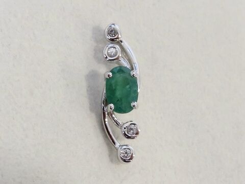 Emerald & White Sapphire Pendant in 9k White Gold ( Free Silver Chain)