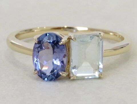 1.1ct Tanzanite & 0.85ct Aquamarine Ring in 9k Yellow Gold