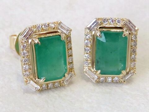 1.59ct Emerald Earrings with 0.29ct Diamond Halo Design in 14k Yellow Gold