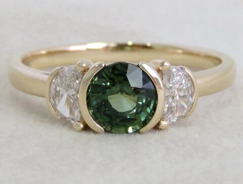 1.26ct Green Sapphire & 0.44ct Half Moon Lab Diamond Ring in 14k Yellow Gold
