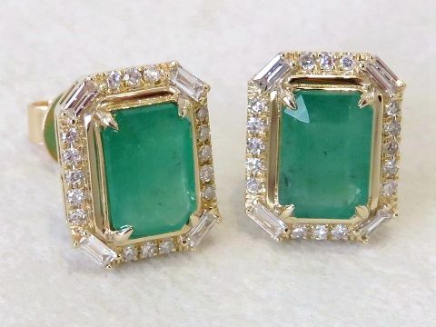 1.59ct Emerald Earrings with 0.29ct Diamond Halo Design in 14k Yellow Gold