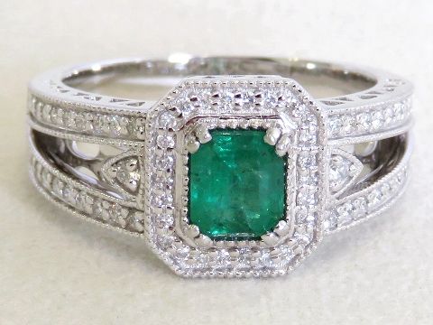 Emerald Ring with 0.4ct Diamond Vintage Inspired Design in 14k White Gold
