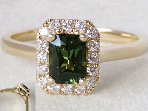 1.05ct Green Sapphire & 0.24ct Diamond Halo Engagement Ring in 14k Yellow Gold